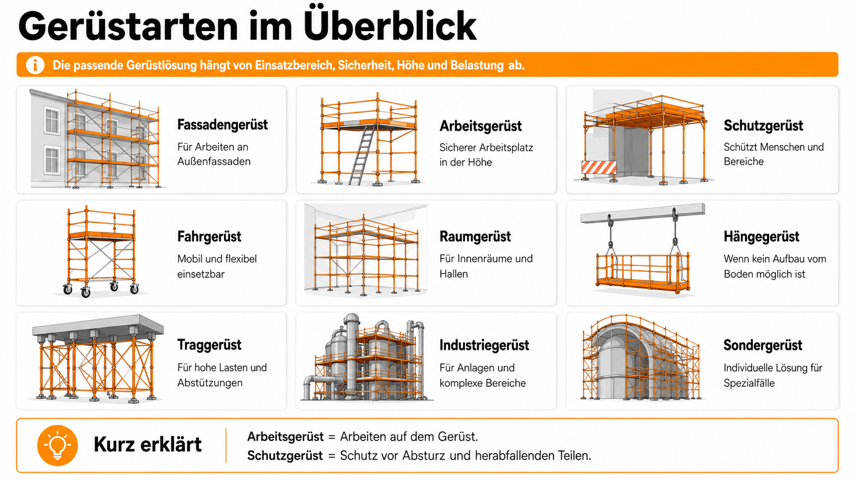 Infografik Gerüstarten: Arbeitsgerüste, Schutzgerüste, Fassadengerüste, Raumgerüste, Fahrgerüste, Hängegerüste, Traggerüste und spezielle Industriegerüste